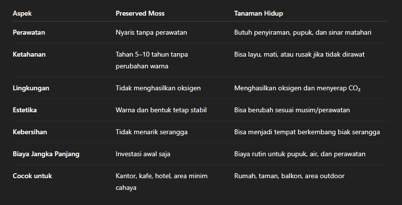 Preserved Moss vs Tanaman Hidup